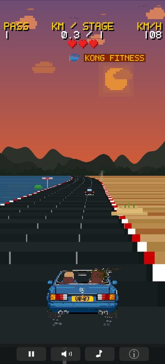 Outburn 87 on the sunset coast: ocean left, sand right, a skyplane banner in the sky and the blue convertible on the road