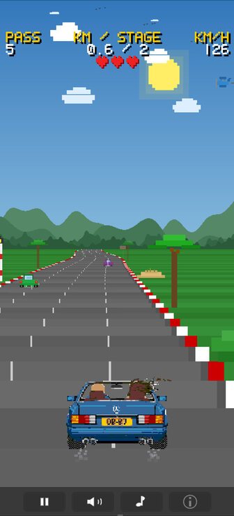 Outburn 87 in green countryside, stage 2, the road curving between trees